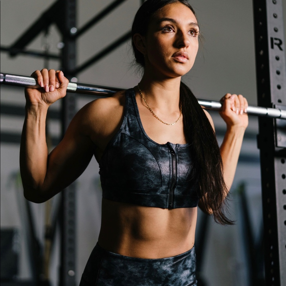 Zyia Gray Stonewashed Front Zipper Strappy Bra